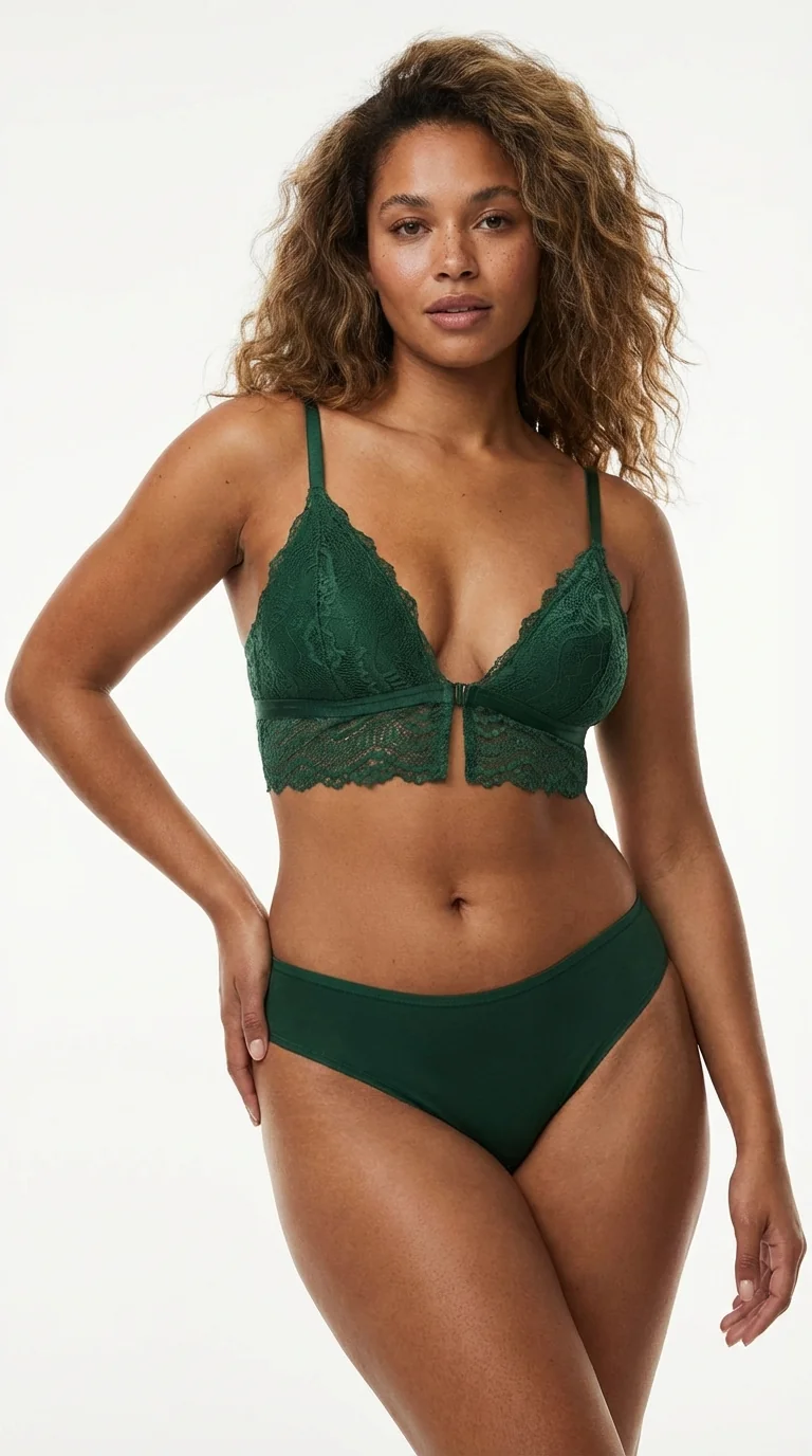 LunaIntim Zümrüt Dantelli Bralet Sütyen Desteksiz (Boş Kap) ve Balensiz Üçgen Model - Zümrüt Renk Detay